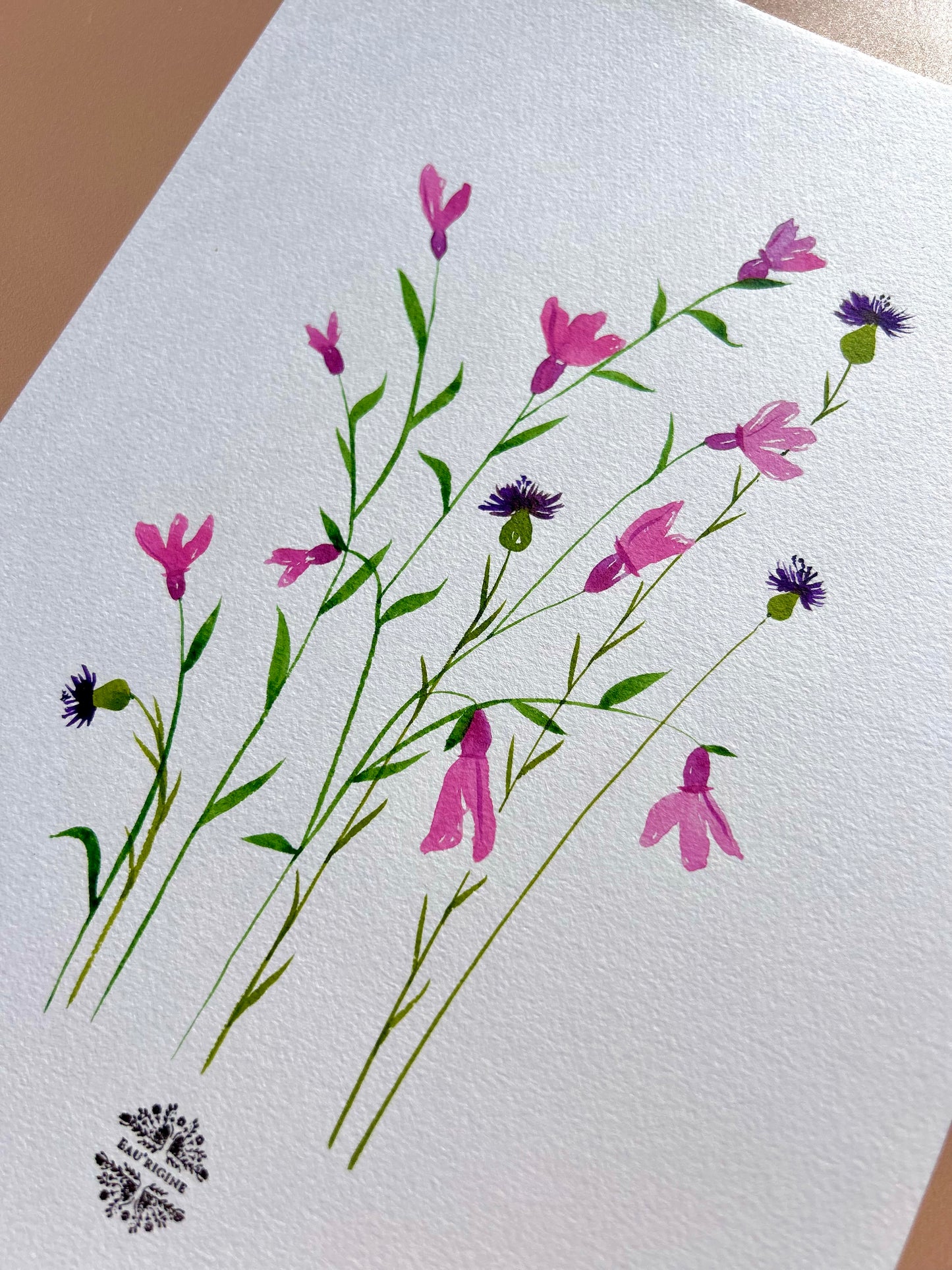 Aquarelle A4 - Lavande papillon et bleuets