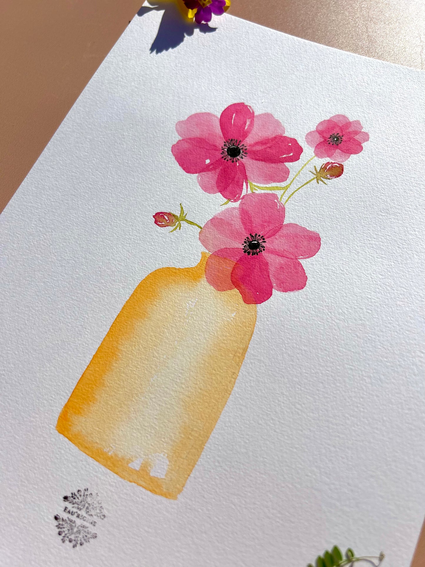 Aquarelle A4 - Anémones en vase orange