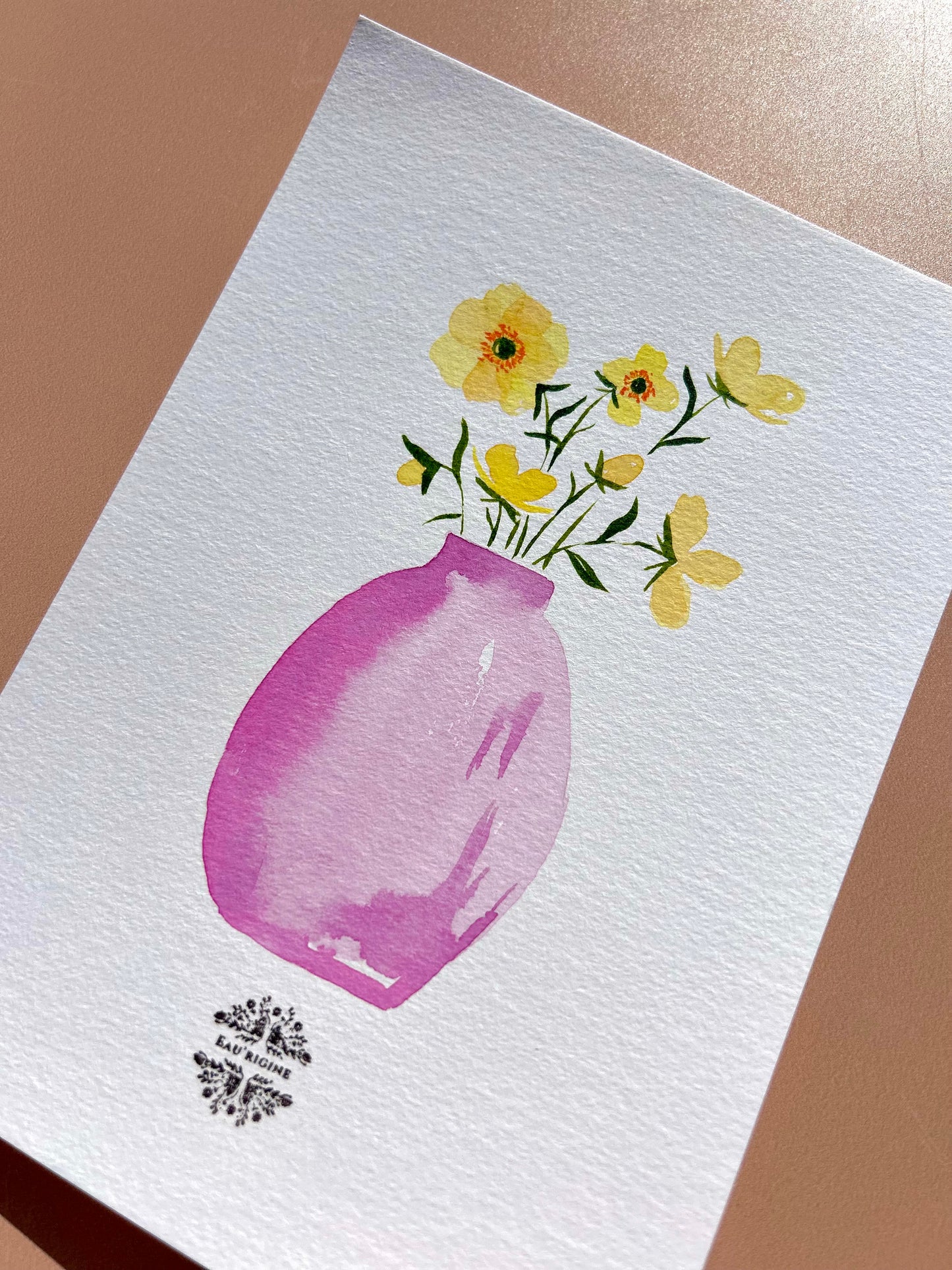 Aquarelle A5 - Boutons d’or en vase rose