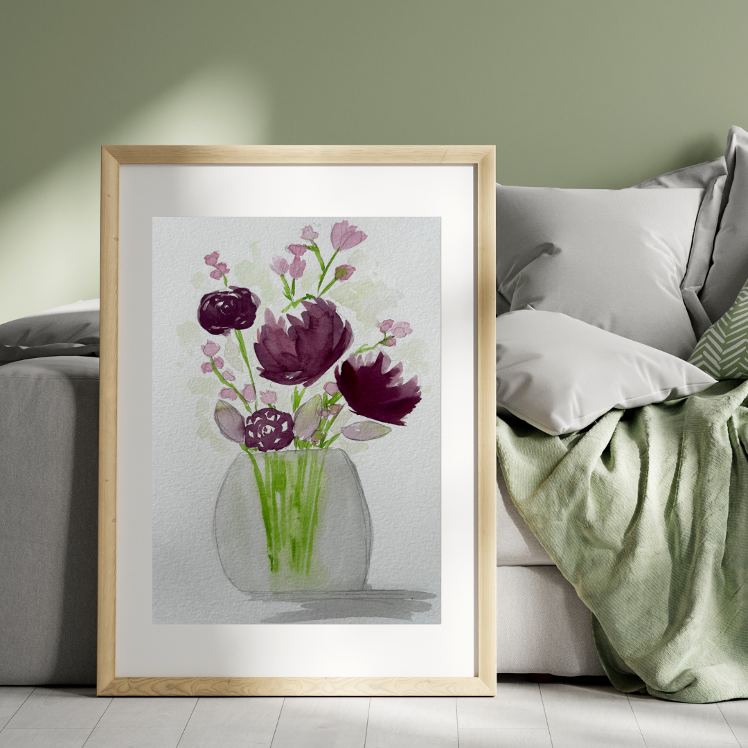 Aquarelle - Pivoines violettes en vase