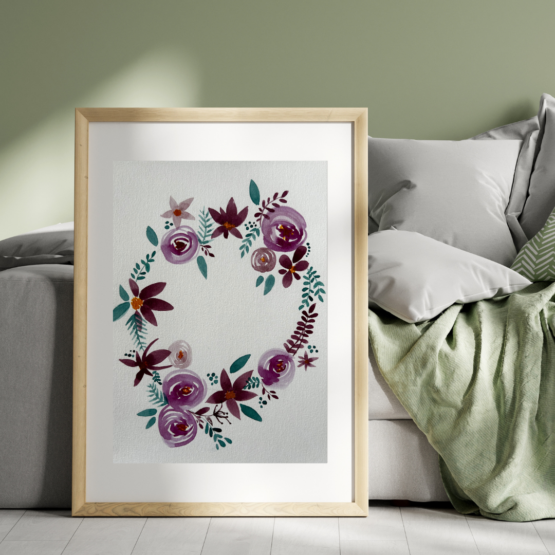 Aquarelle - Couronne de fleurs et pivoines