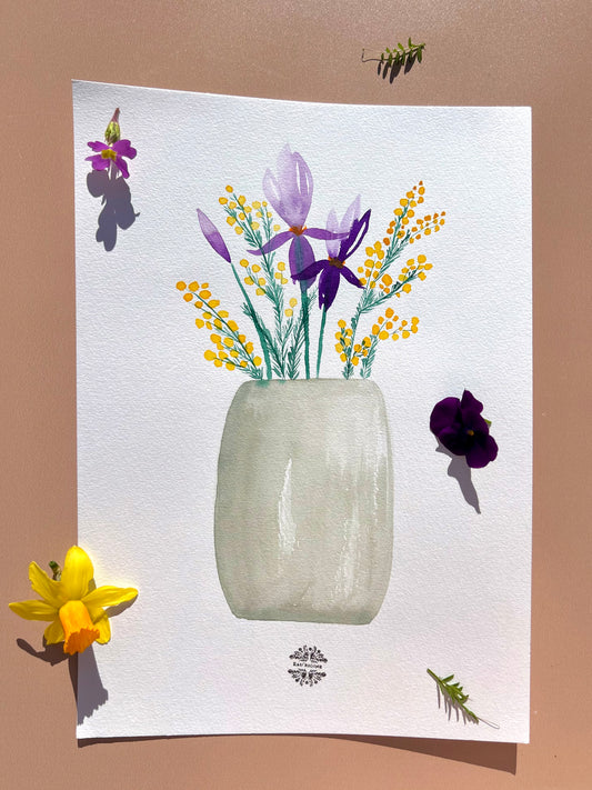 Aquarelle A4 - Iris et mimosa en vase