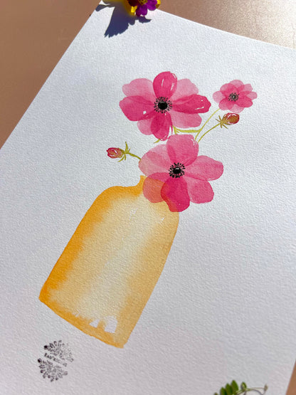 Aquarelle A4 - Anémones en vase orange