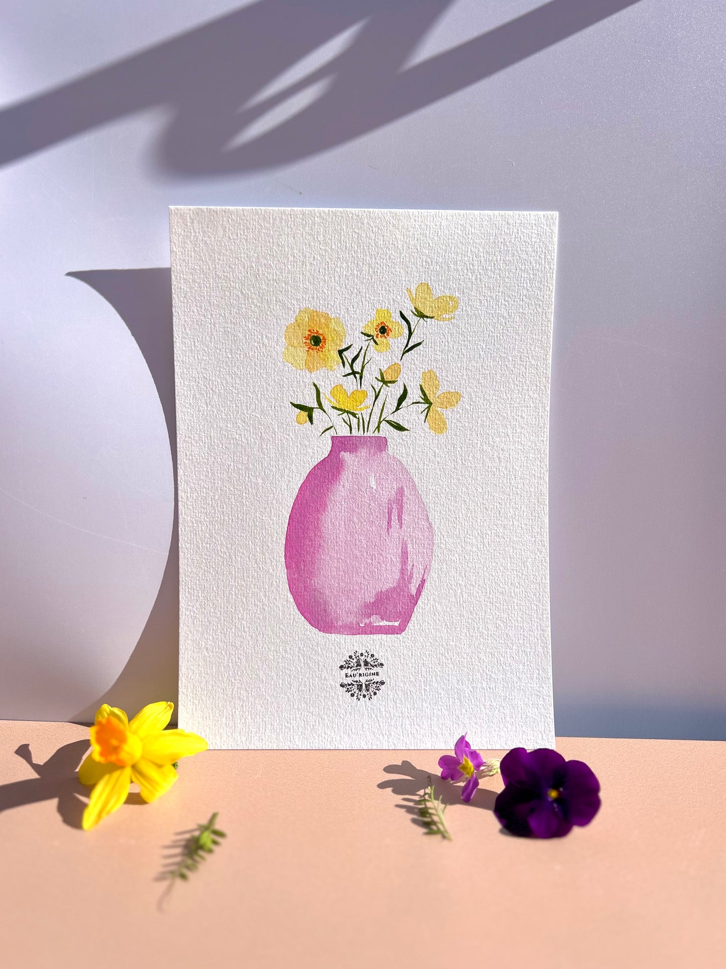 Aquarelle A5 - Boutons d’or en vase rose