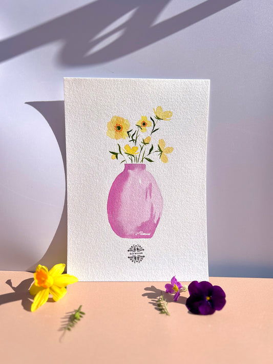 Aquarelle A5 - Boutons d’or en vase rose