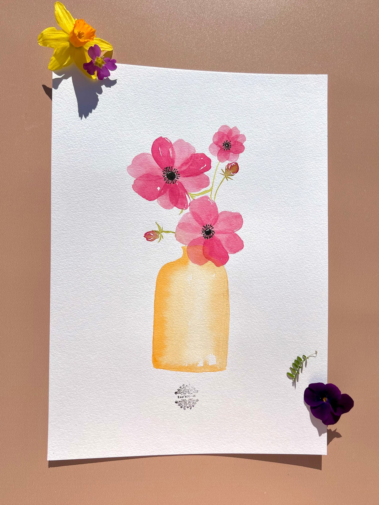 Aquarelle A4 - Anémones en vase orange