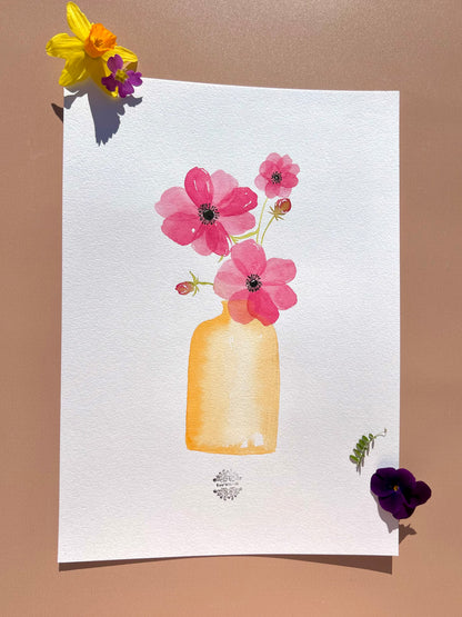 Aquarelle A4 - Anémones en vase orange
