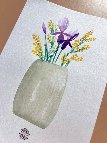 Aquarelle A4 - Iris et mimosa en vase