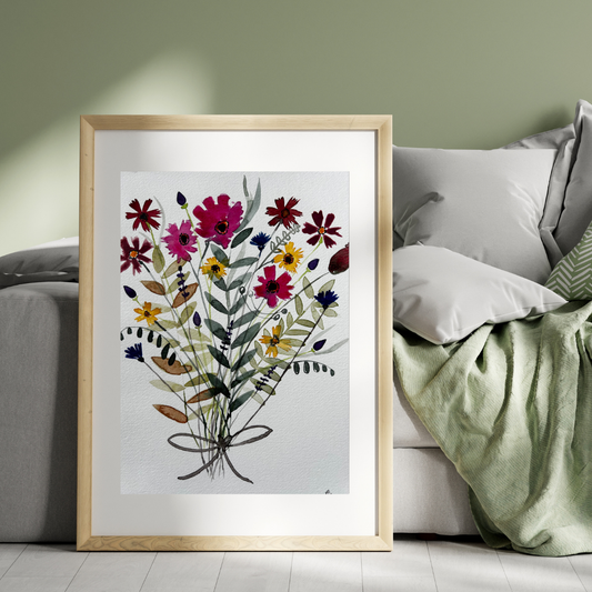 Aquarelle - Bouquet de fleurs avec noeud