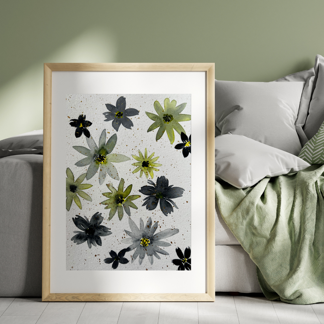 Aquarelle - Fleurs bleues et vertes