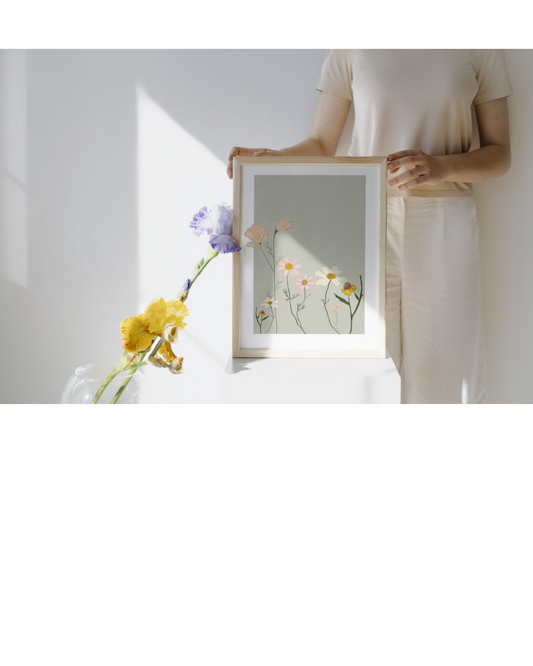 Illustration_numerique_fleurs_sur_fond_vert_sauge_encadree