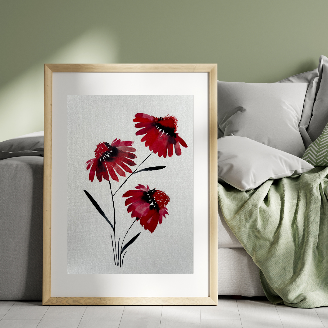 Aquarelle - Monochrome d'échinacées rouge