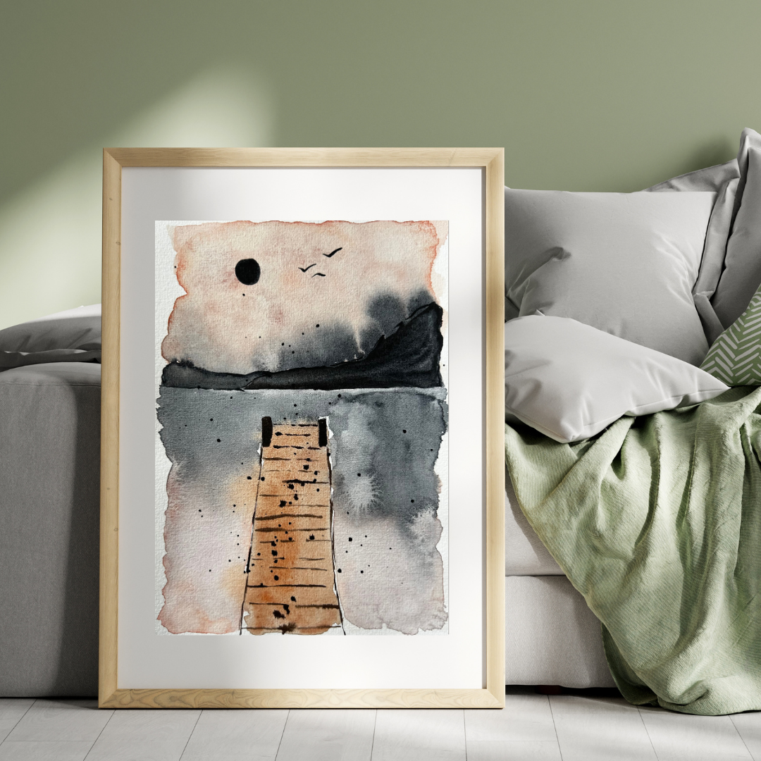 Aquarelle - Ponton sur le lac